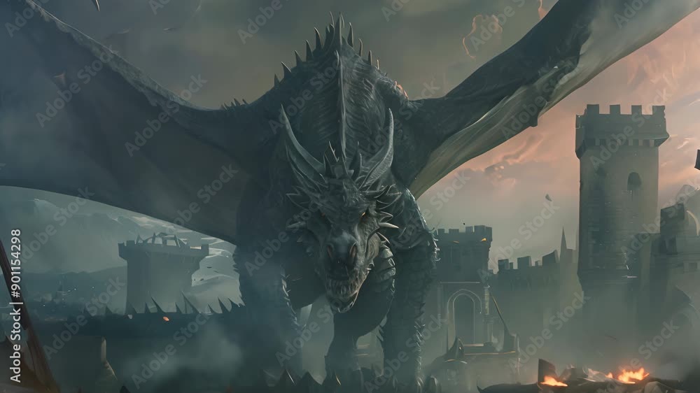 Epic fantasy scene of a powerful dragon in a medieval city, with ...