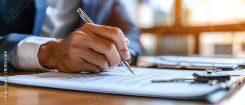 Close-up of a car loan contract being signed, keys and paperwork on the desk, representing auto financing