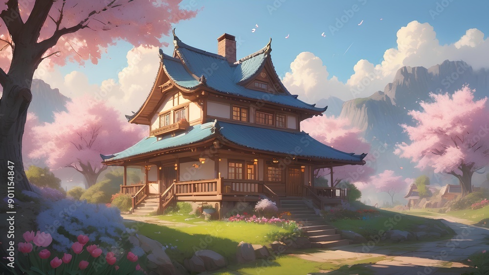 Picturesque Japanese anime-style house at spring in landscape anime style Picturesque Japanese anime-style house at spring in landscape anime style