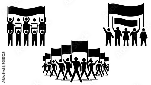 A group of people with flags and banners protest. Vector set of black icons, mockup for illustrations of meetings and manifestos