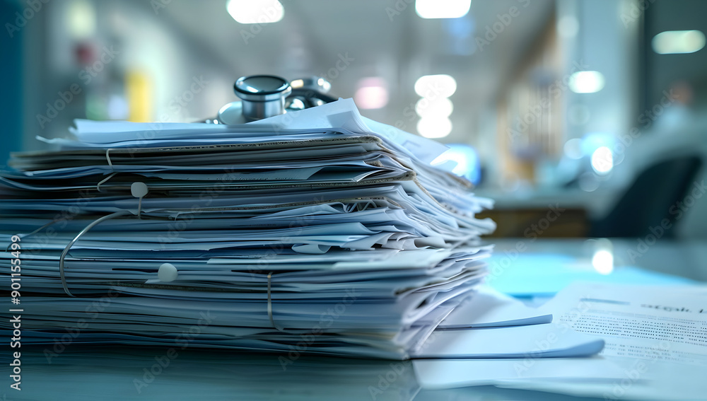A stack of documents and files on an office desk, signifying paperwork and administration, with a blurred background of an office space. A stack of documents and files on an office desk, signifying paperwork and administration, with a blurred background of an office space.