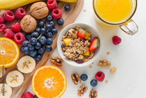 Healthy breakfast with granola, fresh fruits, and orange juice. Vibrant and colorful meal. Perfect start to the day. Nutritious and delicious breakfast setting. Generative AI.