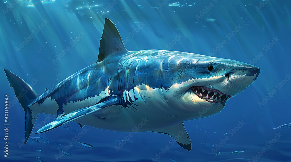 Naklejka premium A stunning digital illustration of a great white shark swimming gracefully in the blue ocean, showcasing its powerful jaws, sharp teeth, and sleek body.