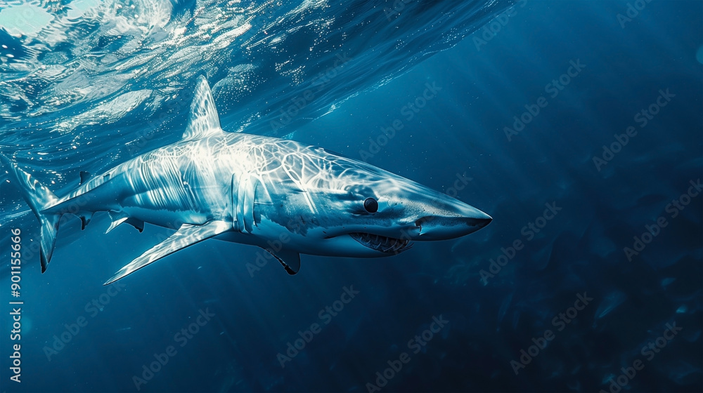Obraz premium A stunning digital illustration of a great white shark swimming gracefully in the blue ocean, showcasing its powerful jaws, sharp teeth, and sleek body.