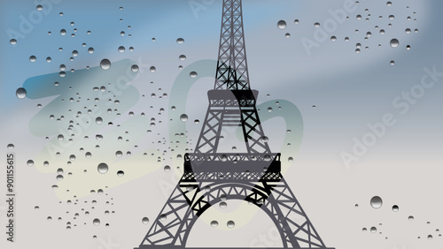 Inscription Heart On The Sweaty car Glass, Eiffel Tower landscape, flat color illustration