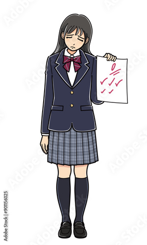 0点の答案用紙を持ってうなだれるブレザーの女子高生