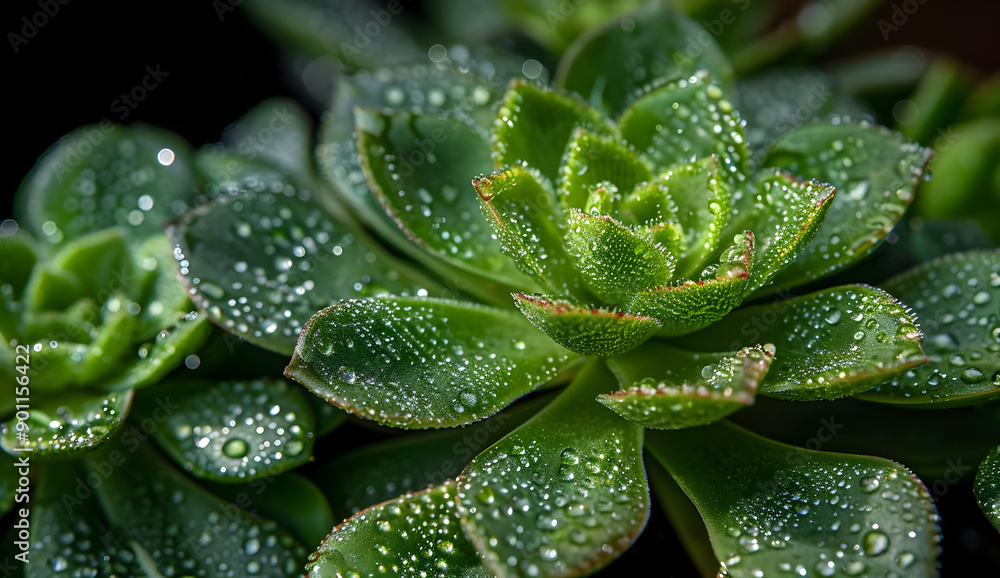 Fototapeta premium Close-up of succulent plants covered in morning dew, showcasing vibrant green leaves with water droplets.
