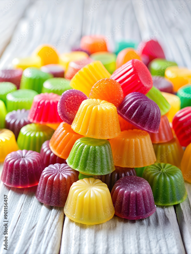 A pile of colorful jellies sits on a white wooden table. leaving space in the middle for text, jelly that looks juicy, shiny and delicious, A pile of colorful jellies sits on a white wooden table. leaving space in the middle for text, jelly that looks juicy, shiny and delicious,