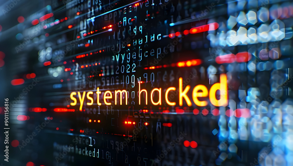 Digital code with glowing text 'system hacked' illustrating concept of cyber attack, data breach, and online security vulnerabilities Digital code with glowing text 'system hacked' illustrating concept of cyber attack, data breach, and online security vulnerabilities