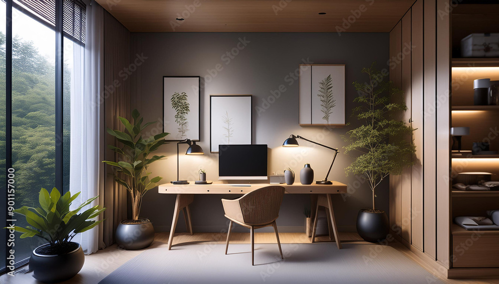 Fototapeta premium Hyper-realistic small narrow studio home office design zen peaceful japanese inspired style modern elegant walnut grey soft lighting cozy