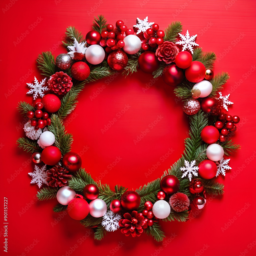 Circular wreath decorated with Christmas decorations on a red background. Leave space in the center for your text, Circular wreath decorated with Christmas decorations on a red background. Leave space in the center for your text,