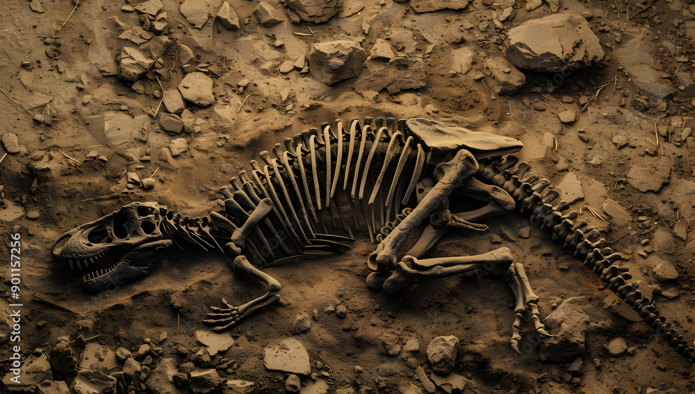 Fototapeta premium Fossilized dinosaur skeleton embedded in rocky soil, showcasing ancient prehistoric remains and evolutionary history in a natural setting.