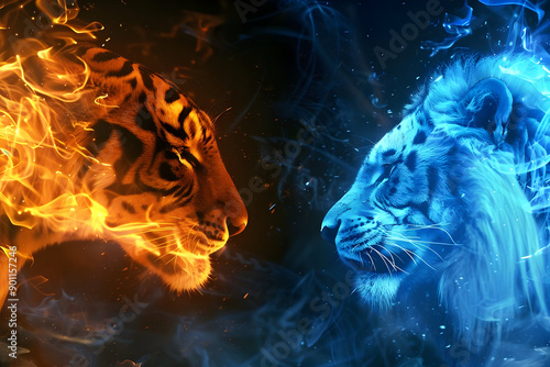 Fiery tiger and icy lion face off in this dynamic, vibrant digital art showcasing the elemental battle of fire and ice, strength and power.