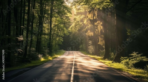 A freshly paved road through a dense forest with sunlight filtering through the trees, highlighting a serene and natural route.