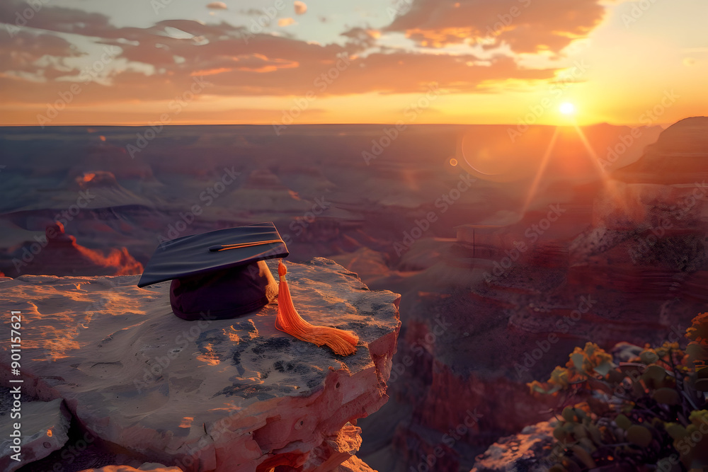 Graduation Hat Rocks Graduation cap with tassel on rock ledge at sunset, symbolizing ...