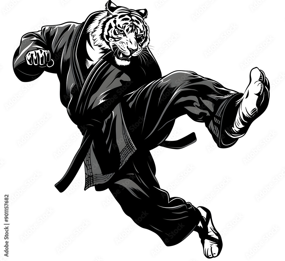 Fototapeta premium Illustration of a fierce tiger dressed in martial arts attire performing a high kick, symbolizing strength and agility in combat sports.