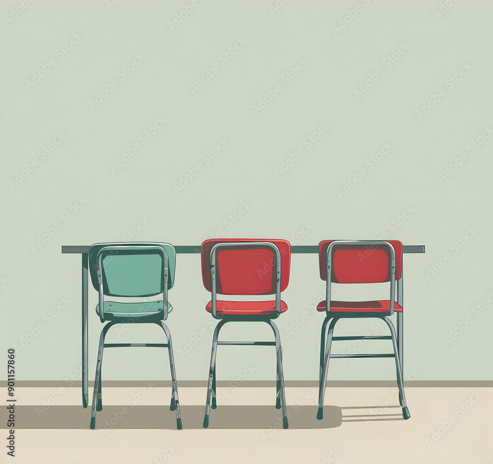 Obraz premium Minimalist image of three colorful chairs at a table against a light background, emphasizing simplicity and modern design.