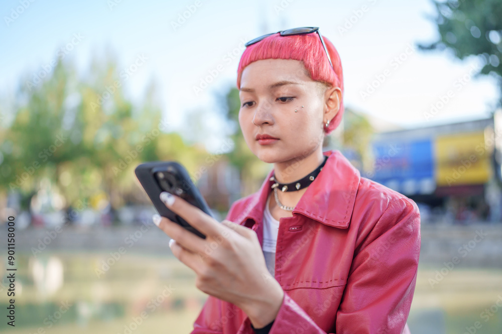 Traveler girl using mobile phone on street in city Fashion gen z asian woman .Technology connection outdoor communication generation z modern lifestyle Traveler girl using mobile phone on street in city Fashion gen z asian woman .Technology connection outdoor communication generation z modern lifestyle