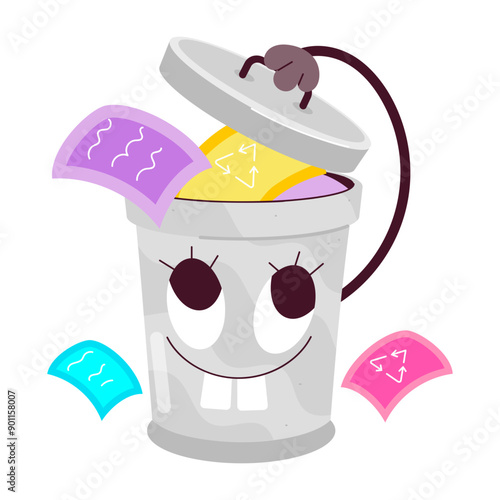 A cartoon style sticker of recycle bin 

