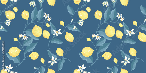 Tropical turquoise pattern with blooming yellow lemons, on branch with leaves . Vector hand drawing illustration. Abstract artistic citrus printing intertwined in a  seamless background.
