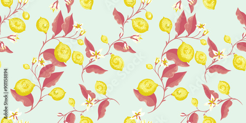 Blooming yellow lemons, limes on  branch with leaves intertwined in a seamless pattern. Vector hand drawing illustration. Abstract artistic citrus fruit repeated printing on a light background.