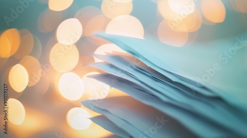 Soft bokeh effects create a dreamy backdrop for stacked research papers in an academic setting