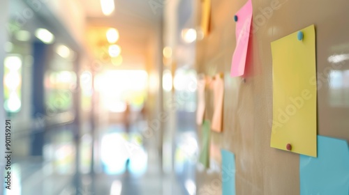 Colorful notes and announcements are pinned on bulletin boards in a well-lit campus hallway