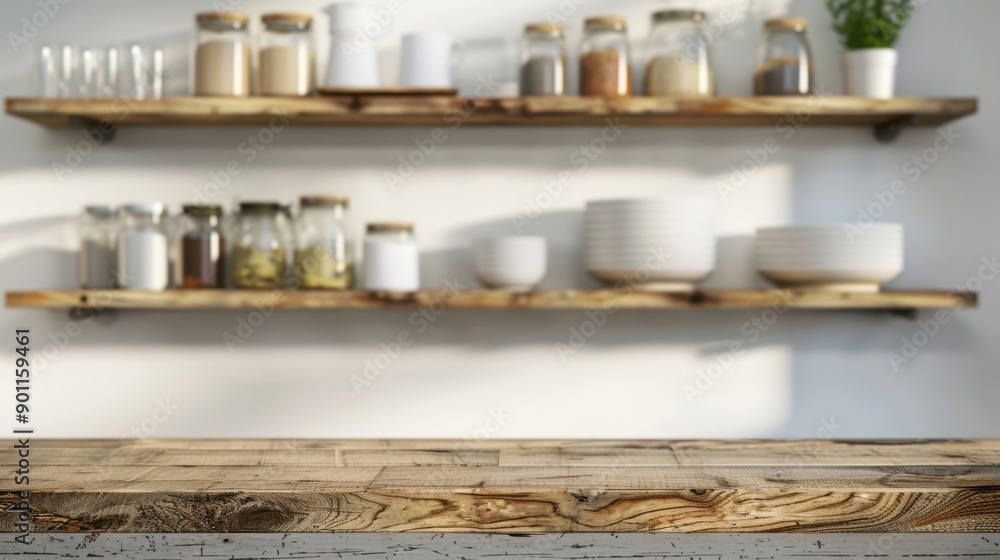 Light rustic kitchen shelves display various jars and bowls, creating a warm and inviting atmosphere