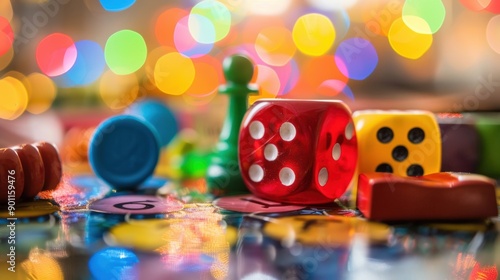 Brightly colored educational game pieces and dice are scattered across a vibrant, blurred backdrop