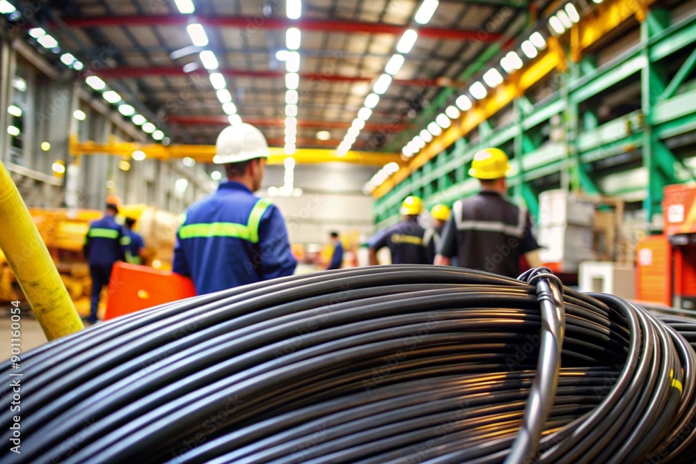 Naklejka premium A group of workers are standing in a factory with a large piece of black wire in