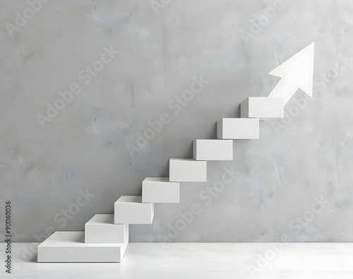 White 3D staircase with an arrow pointing upward, symbolizing growth and success, against a minimalist gray background.