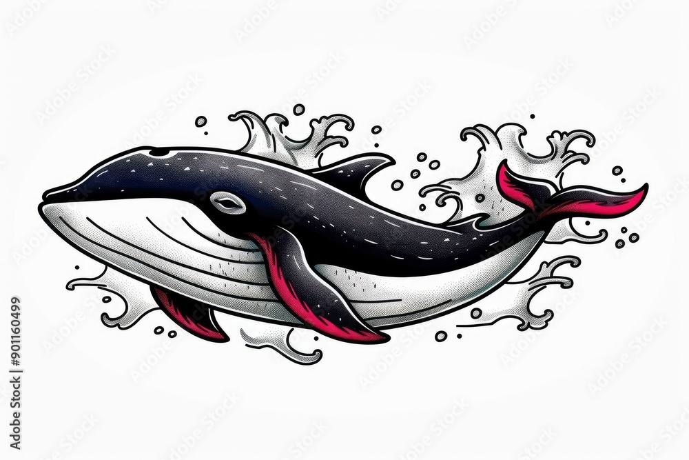 Whale illustration with waves in black, white and red Whale illustration with waves in black, white and red