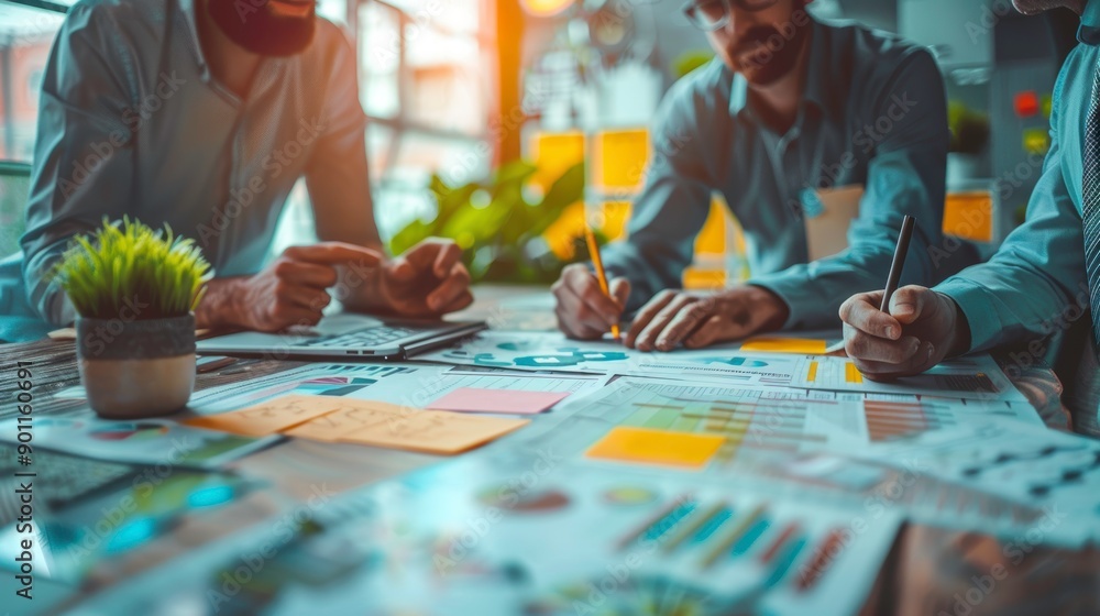 Obraz premium Collaborative brainstorming session with professionals discussing strategies over colorful charts and notes in a bright workspace.