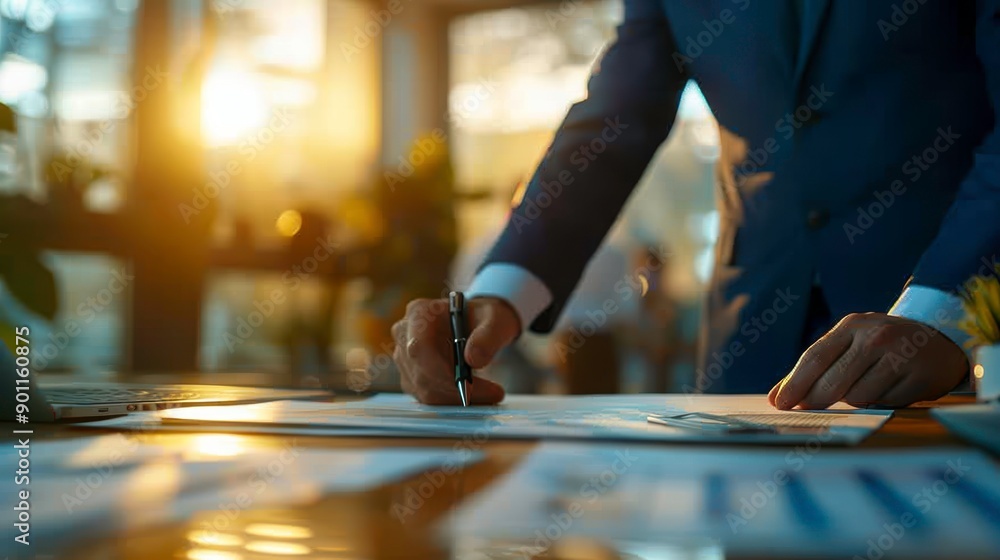 A businessman signing important documents at a desk with a sunset backdrop, symbolizing commitment and diligence in the workplace. A businessman signing important documents at a desk with a sunset backdrop, symbolizing commitment and diligence in the workplace.