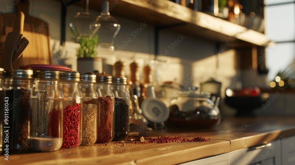 A kitchen scene with a spice rack featuring jars of chili powder and black pepper, ready for use in a variety of recipes. A kitchen scene with a spice rack featuring jars of chili powder and black pepper, ready for use in a variety of recipes.