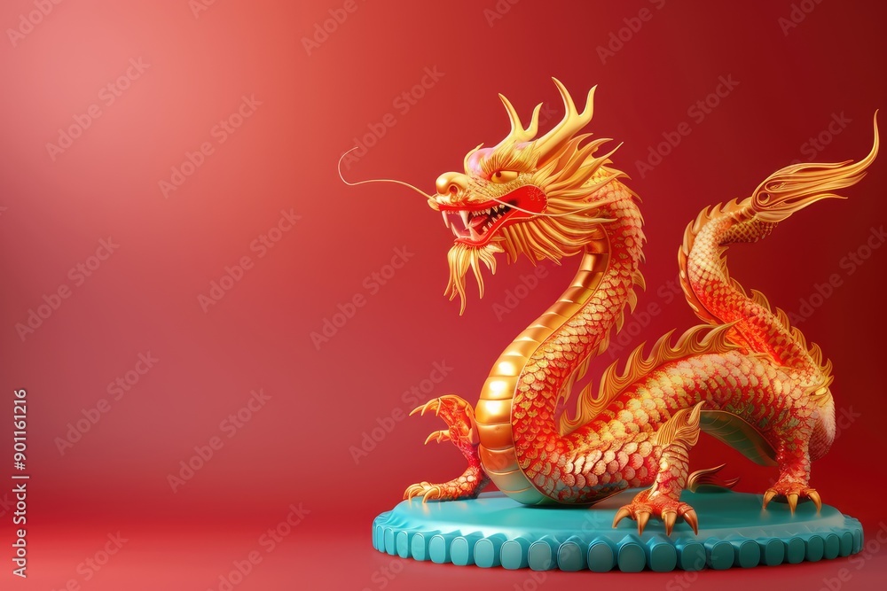 Fototapeta premium Golden Chinese Dragon on Teal Platform Against Red Background