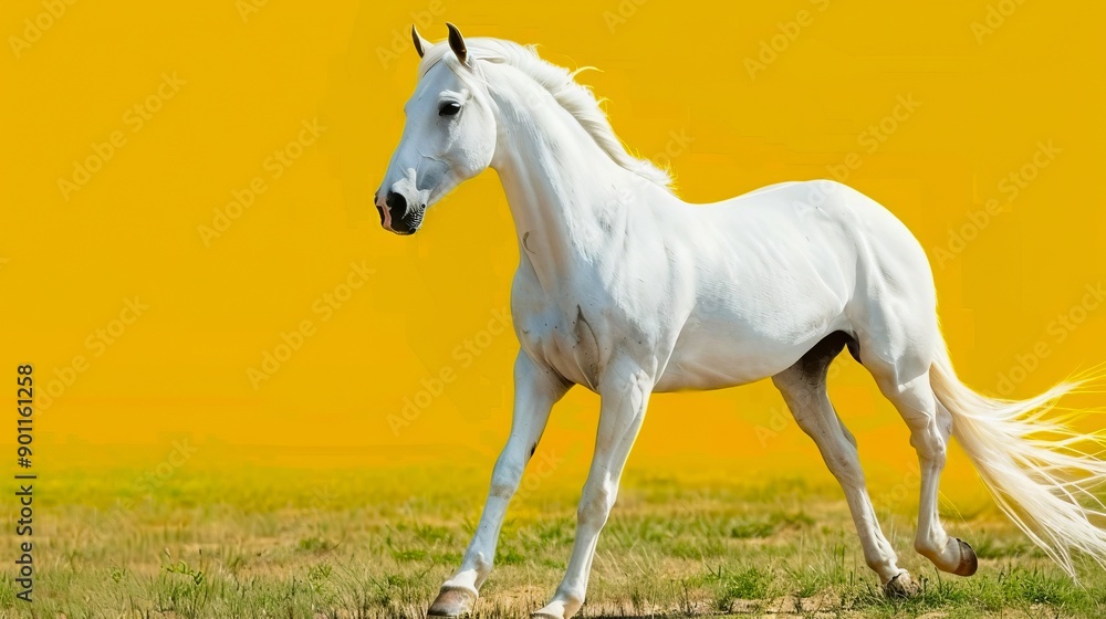 A white horse running in a field with a yellow background A white horse running in a field with a yellow background