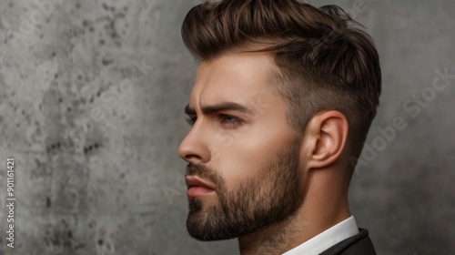 A man with a neatly trimmed beard and a stylish haircut, showcasing a well-groomed appearance.