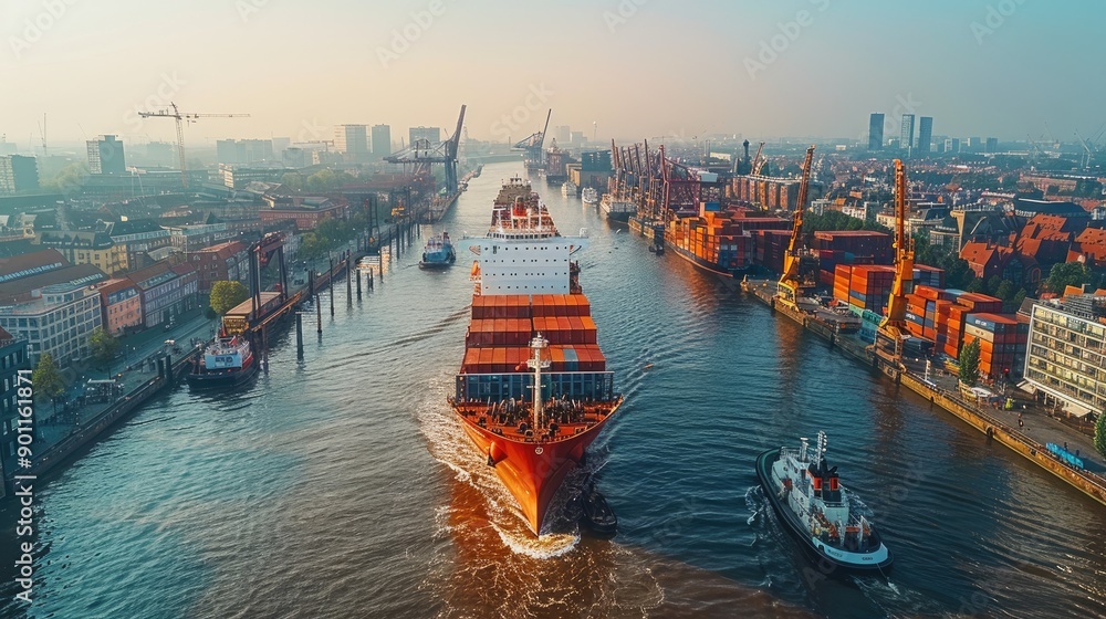 Obraz premium red cargo ship with containers is docked at the port