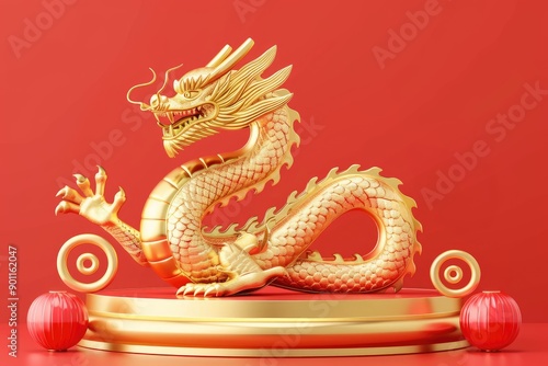 Wallpaper Mural Golden Dragon on a Circular Platform with Red Lanterns Torontodigital.ca