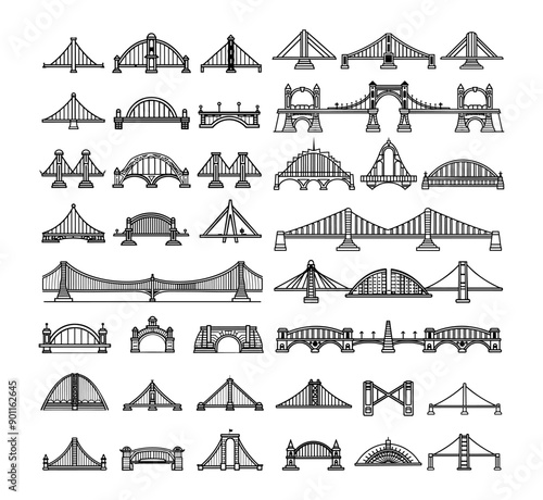 Bridge outline icons vector set. Pylons steel beams overpass viaduct arch transition engineering structures, elements isolated on white background