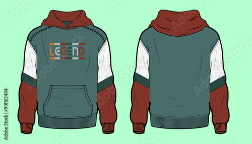 Menswear colour block terry fleece hoodie with kangaroo pocket flat sketch outline vector fashion illustration template.