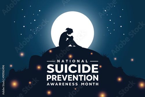 National Suicide Prevention Awareness Month. Human, moon and more. Great for cards, banners, posters, social media and more. Dark blue background.