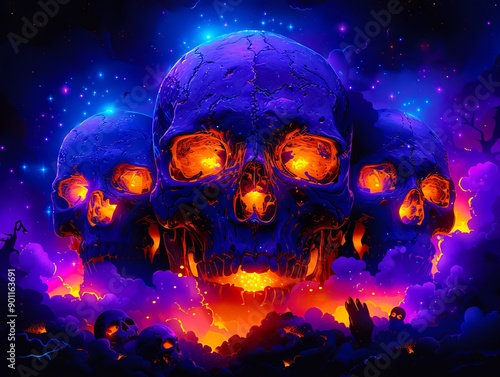 A group of skulls in the clouds with glowing eyes © VISUAL BACKGROUND