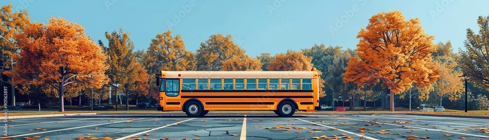 Obraz premium Flat design of a school bus in a parking lot, with lined spaces, trees, and a clear sky above