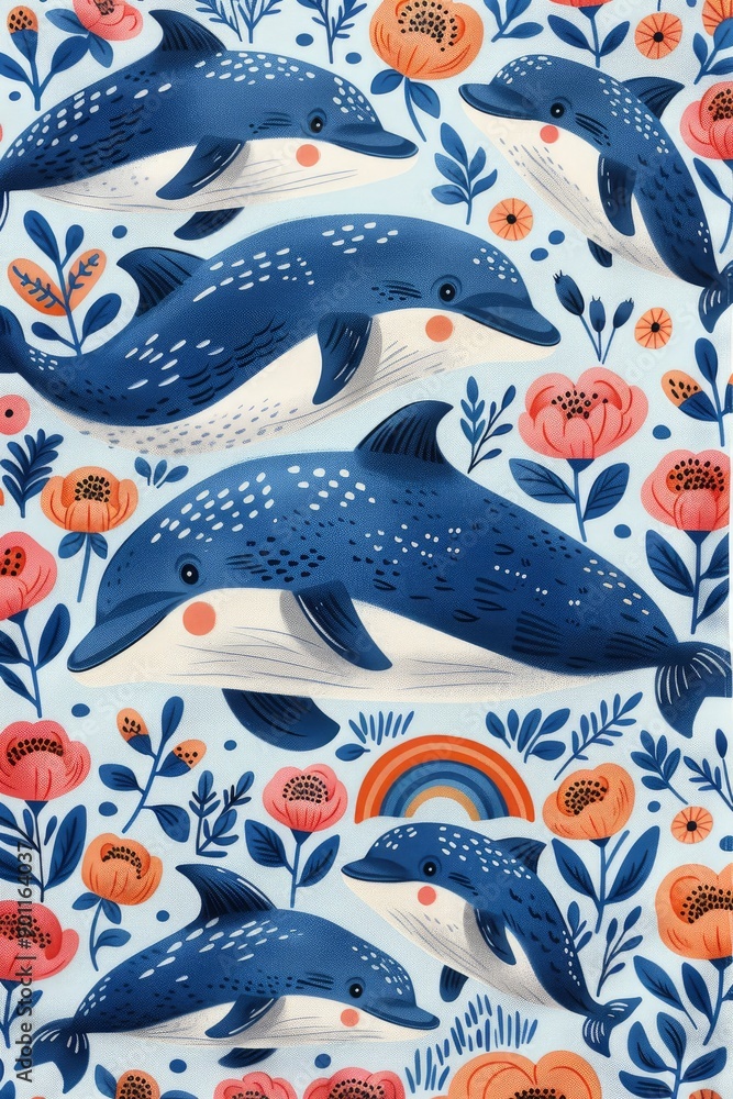 Cute Dolphins and Flowers Seamless Pattern Cute Dolphins and Flowers Seamless Pattern