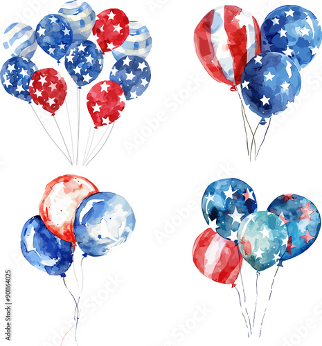 Red White And Blue Balloons Watercolor Vector Illustration.