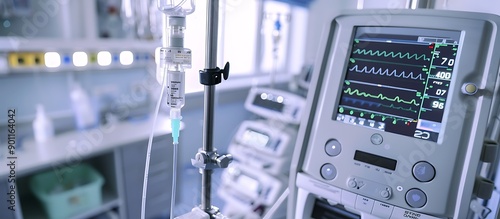 A detailed shot of a smart infusion pump administering medication accurately and safely in a hospital room. photo