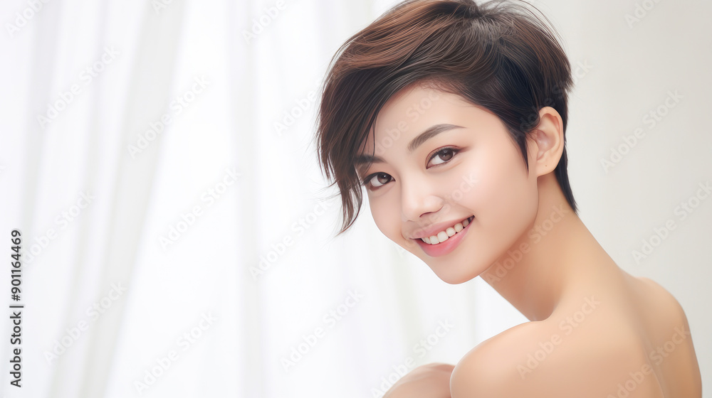 Portrait of a beautiful, sexy, smiling Asian woman with short hair, with perfect skin, silver background, banner. Portrait of a beautiful, sexy, smiling Asian woman with short hair, with perfect skin, silver background, banner.