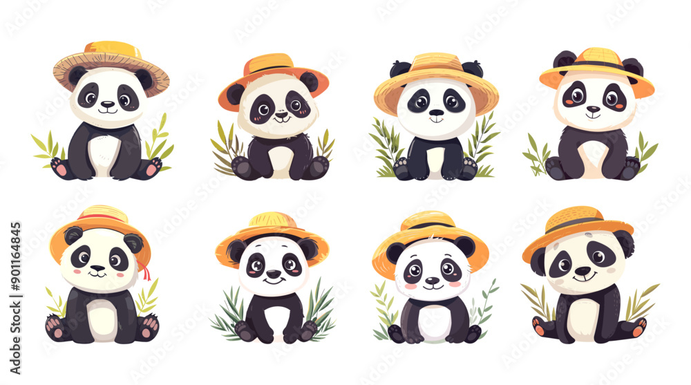 Cartoon pandas wearing straw hats vector concepts. Bamboo bear sitting cute adorable posing animal character fun sweet smile gentle isolated on white background